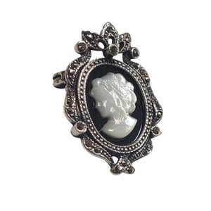 Vintage Onyx MOP Black White Cameo Marcasite Stone 925 Silver Pendant Brooch Pin